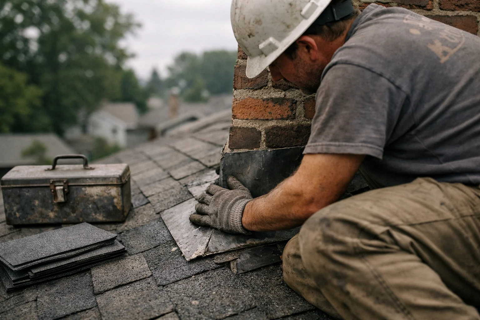 Professional roof repair company technician inspecting and repairing damaged residential shingles on a home rooftop.