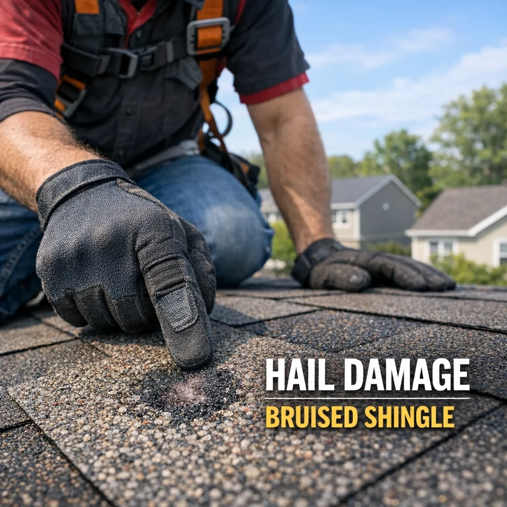 Roof repair specialist examining hail-damaged shingles on a residential rooftop, pointing to impact marks on granule surface.