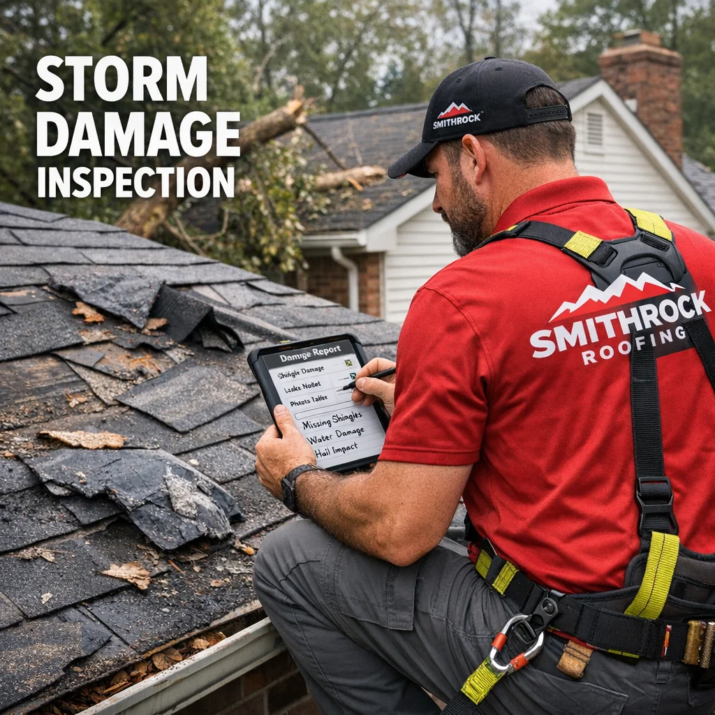 Roof replacement contractor inspecting storm-damaged residential roof while documenting findings on a tablet in NC Triad.
