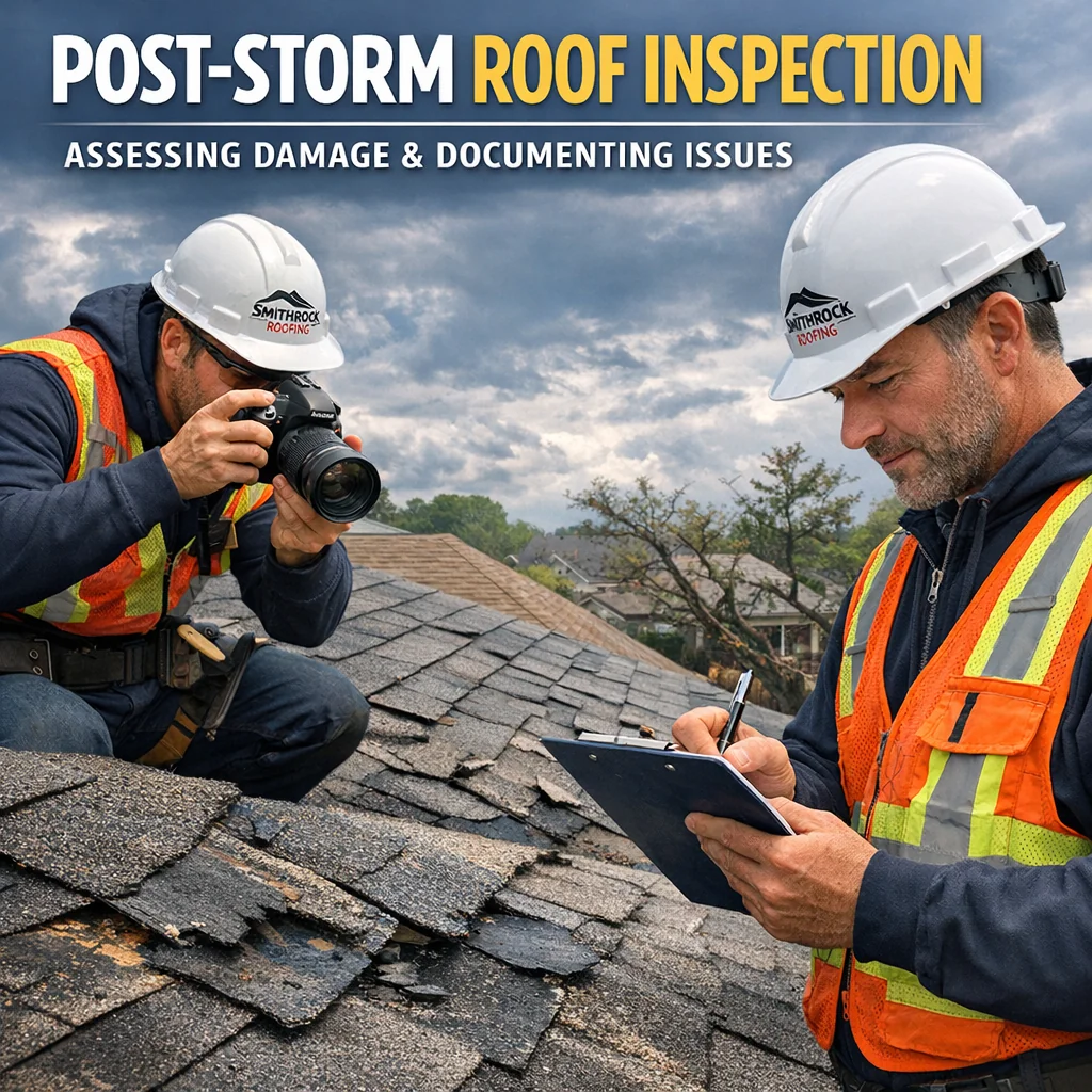 Smithrock Roofing crew inspecting storm-damaged shingles, one photographing damage while another takes notes, expert roofing