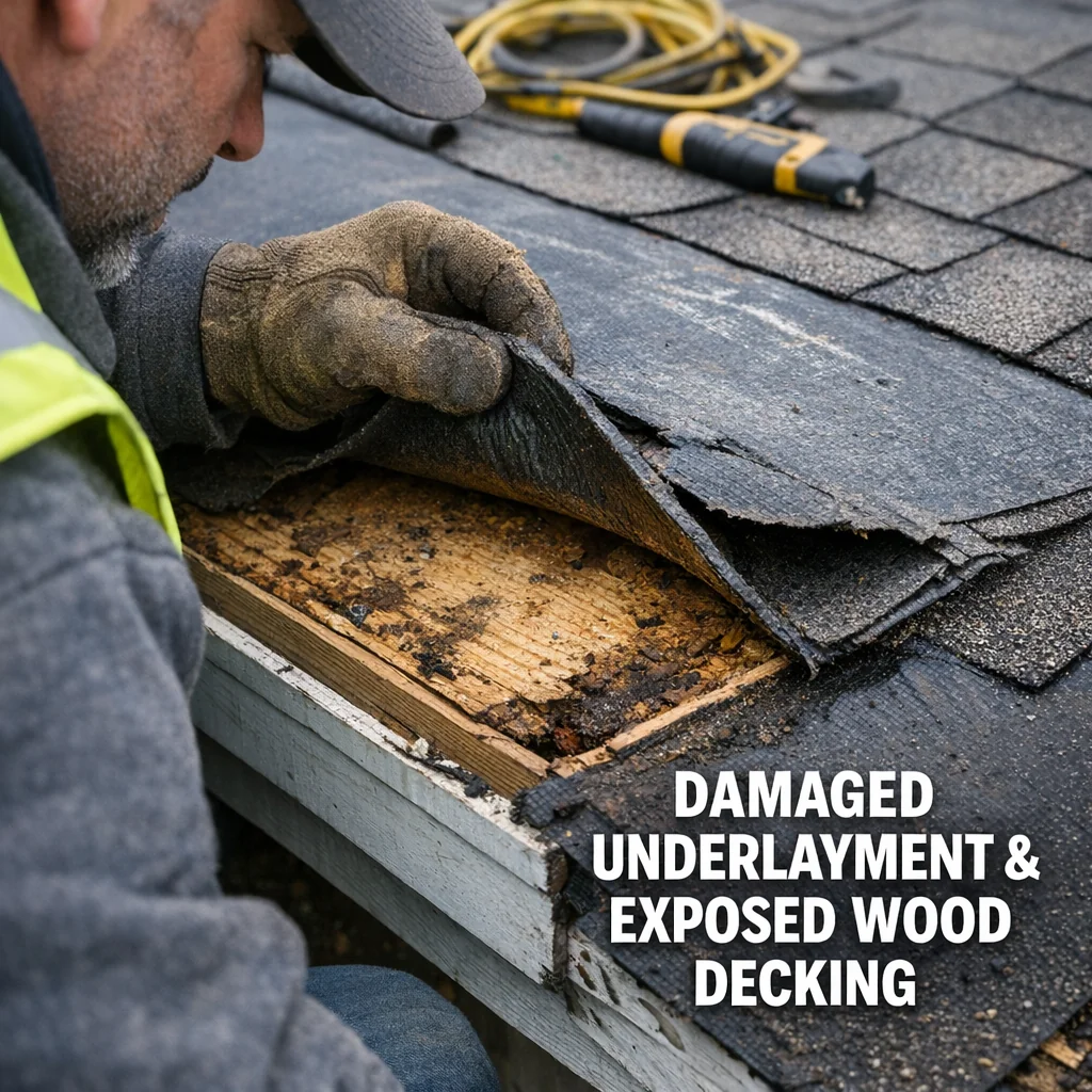 Roofing contractor in Waukesha WI inspecting asphalt shingles with underlayment and decking visible at lifted corner.