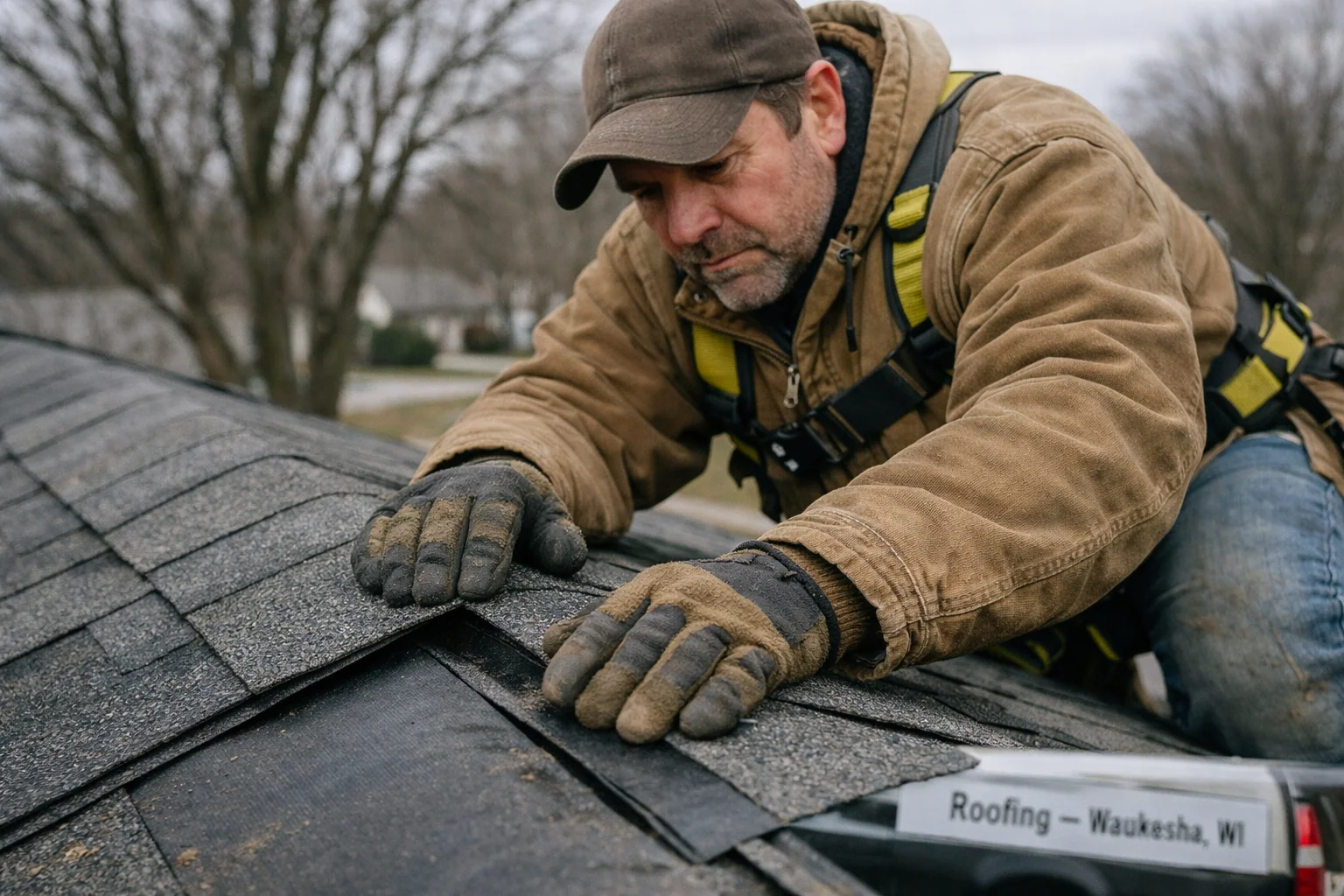 Licensed roofing contractors in Waukesha WI inspecting shingle installation on a residential home roof