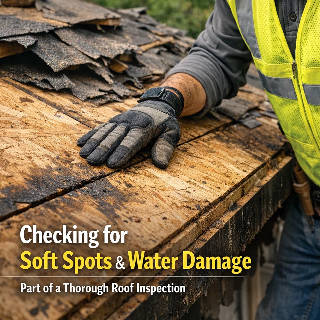 Roofing contractor inspecting roof deck sheathing for soft spots during a tear-off, a standard part of any roofing estimate.