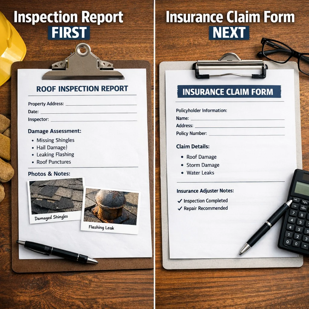 Roofing repair contractor's damage inspection report beside a completed insurance claim form showing proper documentation ord
