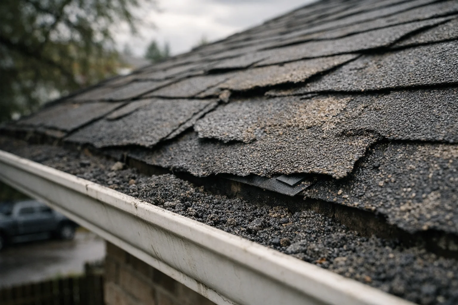 Close-up of storm damage roofing showing missing shingles and granule loss after a severe weather event