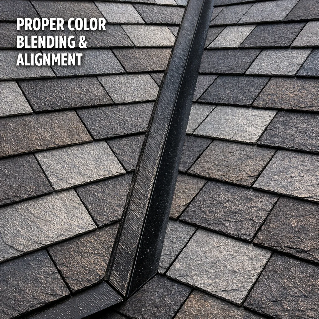 Completed synthetic slate roof installation showing even color variation, aligned joint offsets, and a clean valley drainage