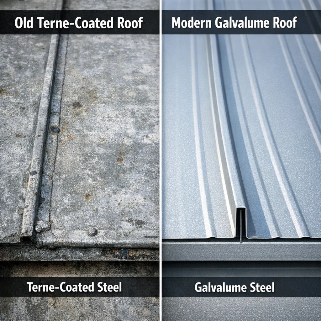 Terne-coated vs. Galvalume standing seam panels compared side-by-side, helping tin roofing contractors identify historic and 