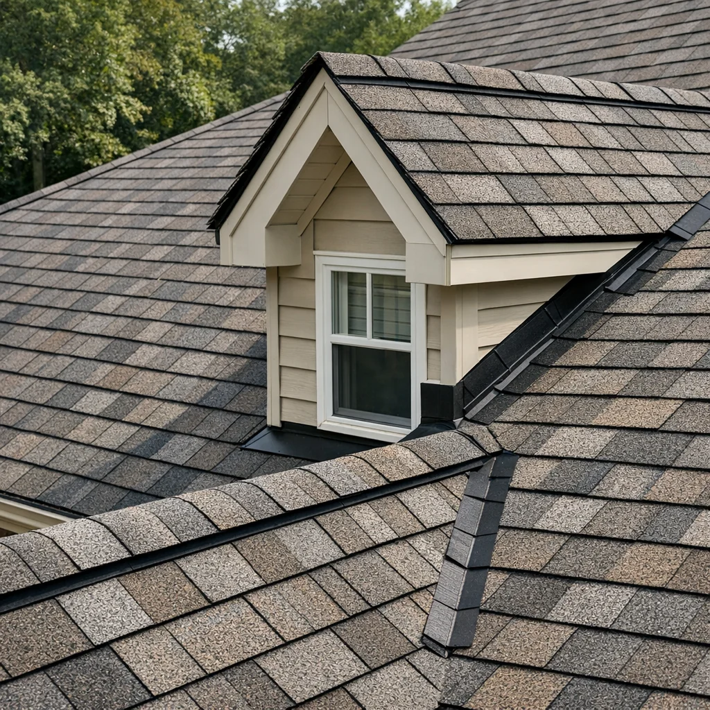 Freshly installed CertainTeed Landmark shingles with clean ridge lines and dormer flashing on a Trenton roof