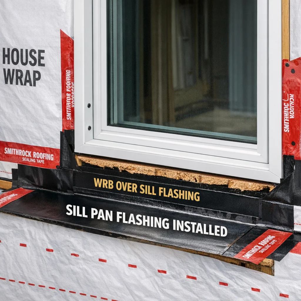 Window rough opening during installation showing sill pan flashing, house wrap, and frame set before foam is applied.