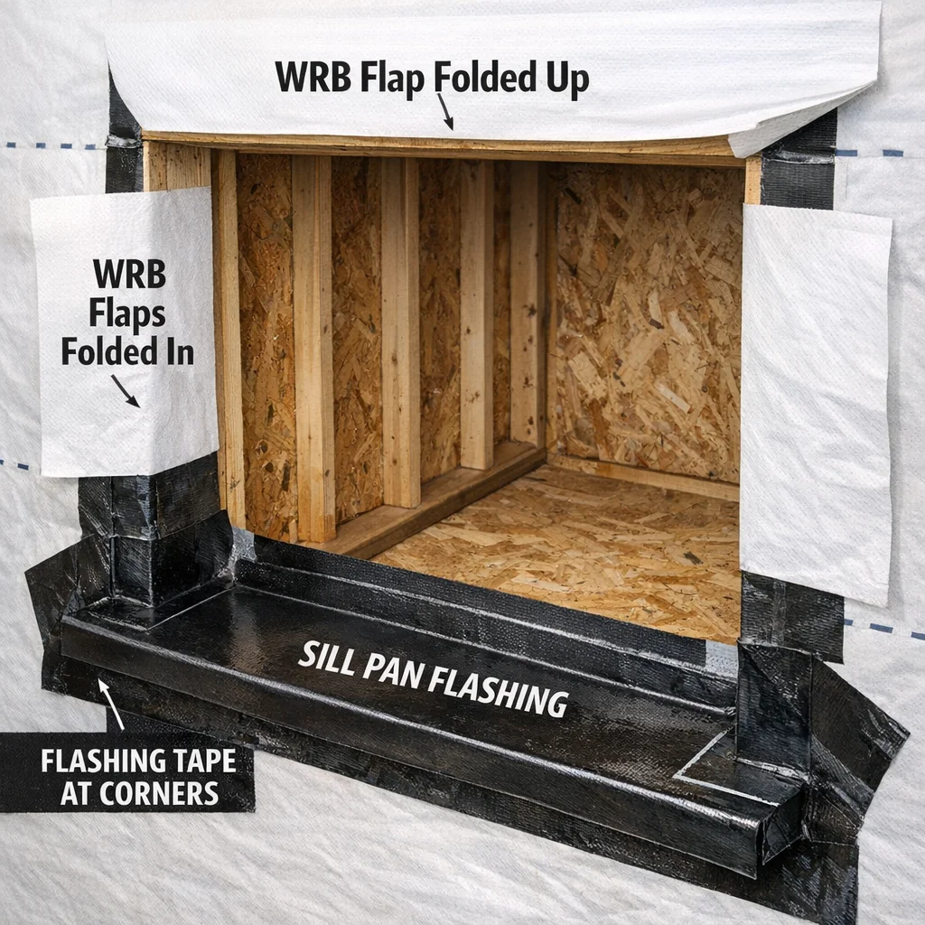 Close-up of a window installation rough opening showing WRB membrane flaps, sill pan flashing, and corner flashing tape.