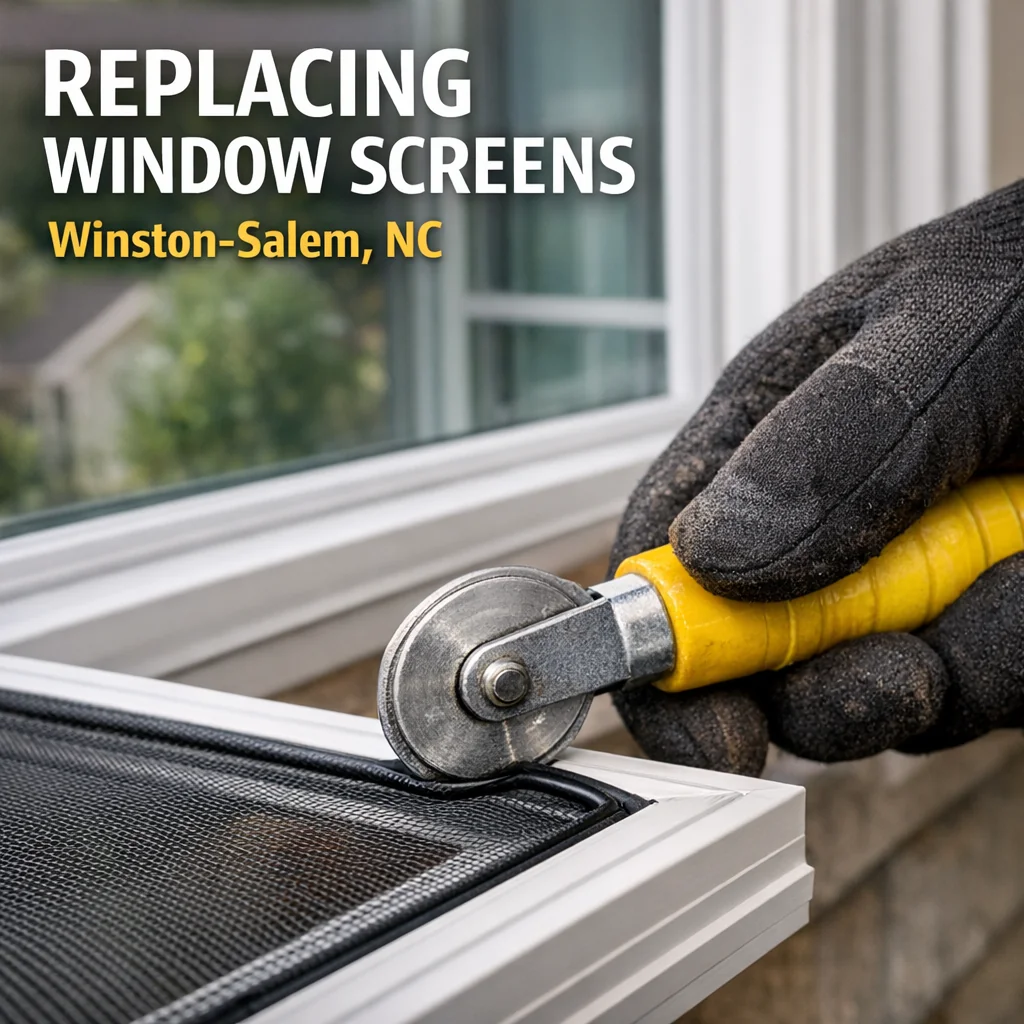 Technician re-splining a window screen corner during a window screen replacement service in Winston-Salem, NC