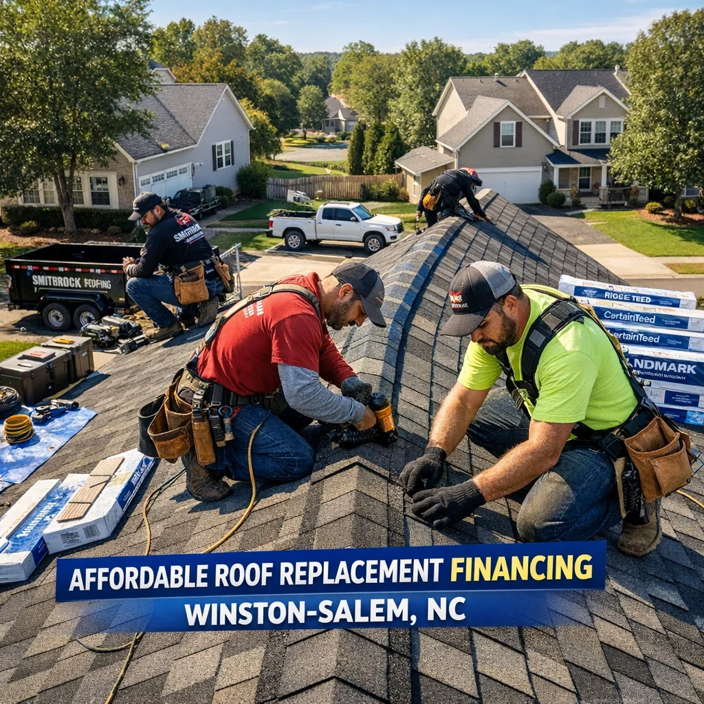 Smithrock Roofing crew installing CertainTeed shingles in Winston-Salem, NC, quality work for affordable roof replacement fina