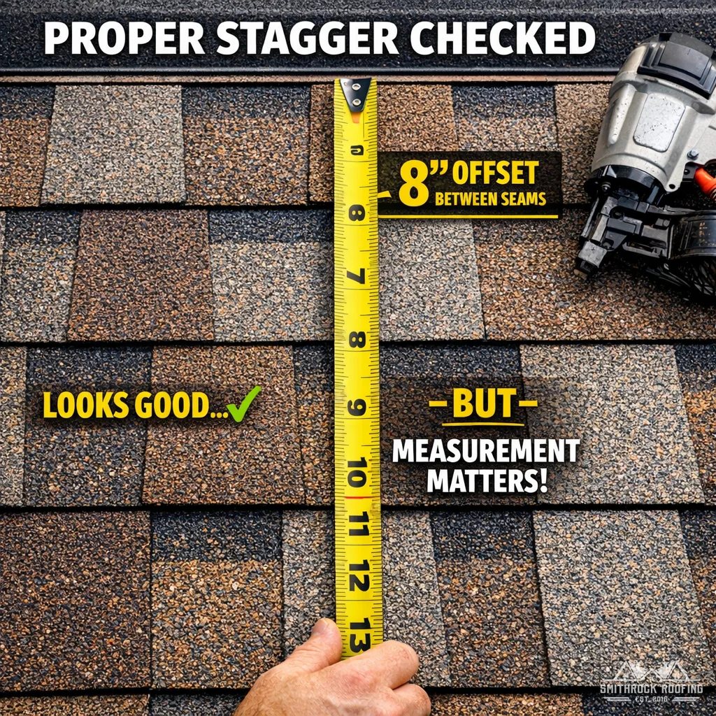 Illustration: Close-up of architectural shingles installation showing staggered seam pattern across multiple courses with a tape measure co