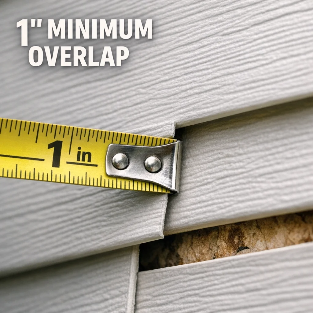 Close-up of vinyl siding end-lap joint showing 1-inch minimum overlap measured with tape measure
