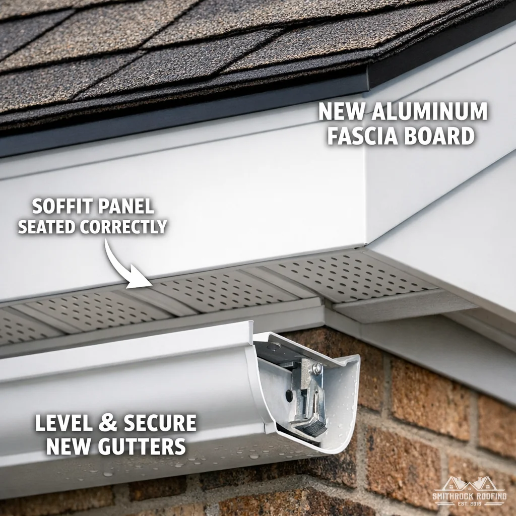 Illustration: Completed fascia board replacement showing clean aluminum finish, level gutters, and correctly seated soffit panel at the roo
