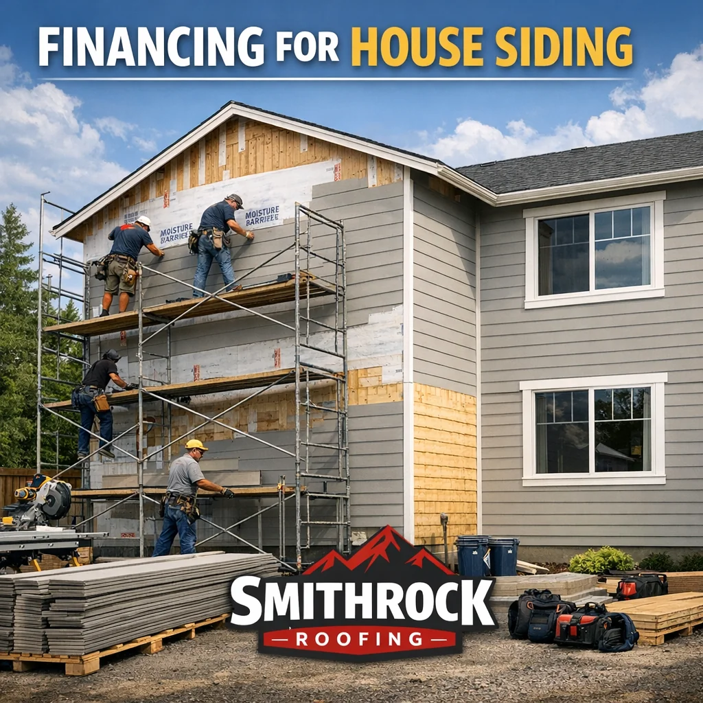Smithrock Roofing crew installing fiber cement siding on a two-story home, a project made easier with financing for house sid