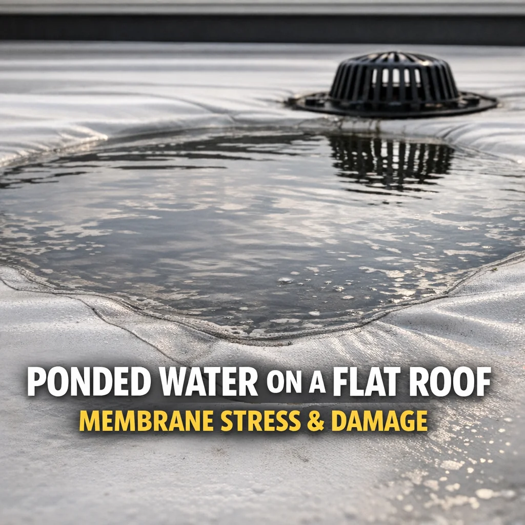 Standing water pooling on a commercial flat roof membrane near a drain, showing surface deflection that flat roof contractors