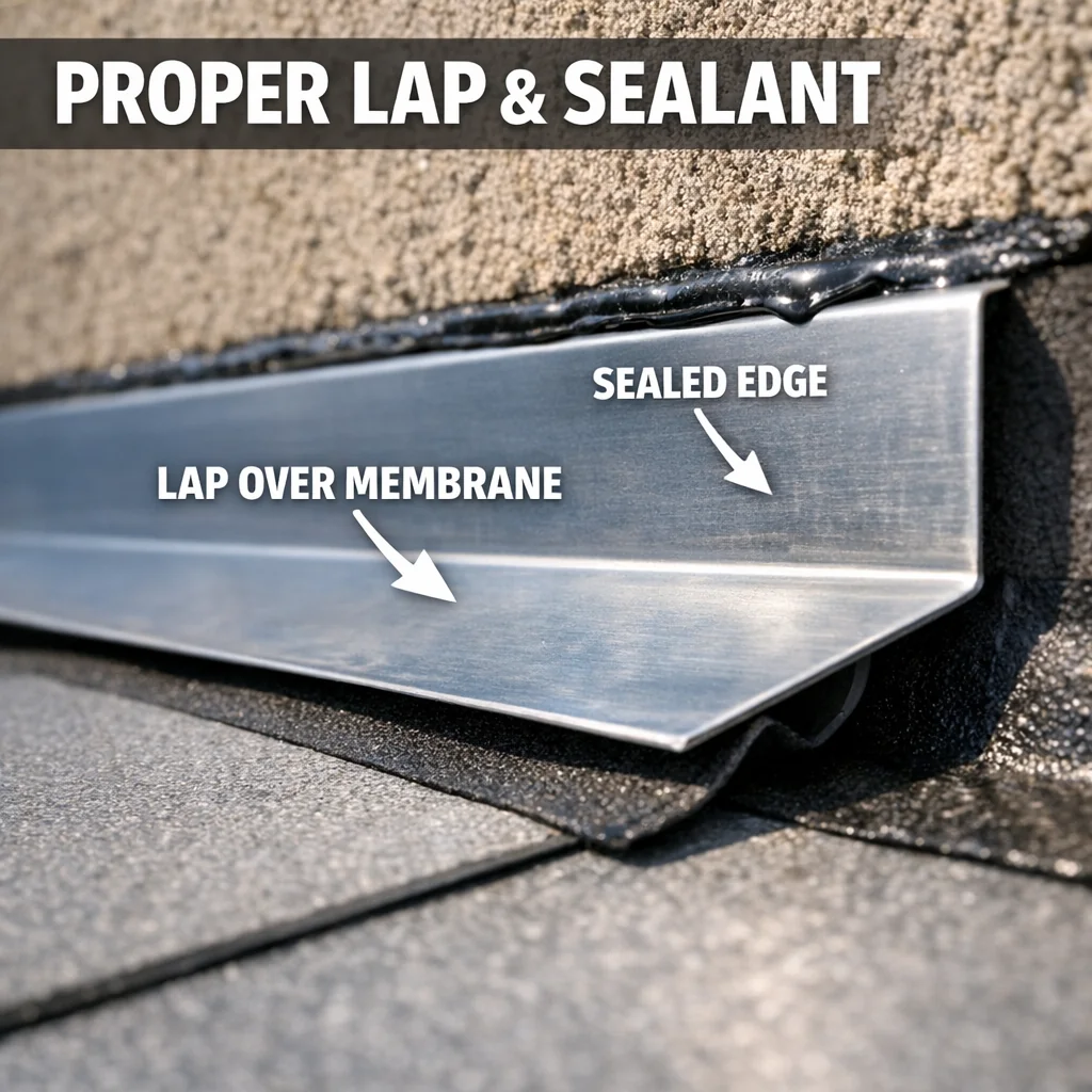 Metal flashing strip at parapet wall junction showing proper membrane overlap and sealant for flat roof maintenance.