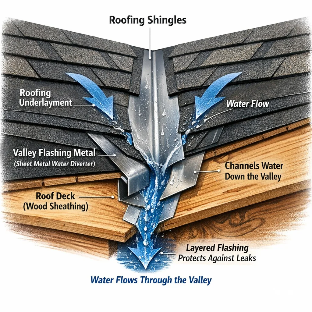 Illustration: Cross-section diagram of a hip roof valley junction showing layered deck, underlayment, metal flashing, and shingles directin