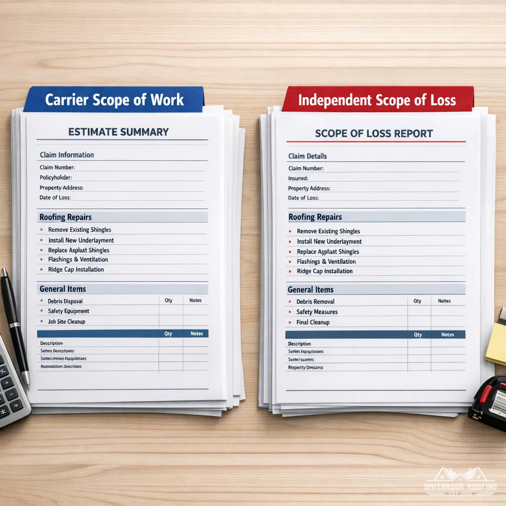 Illustration: Two stacked documents side by side: a Carrier Scope of Work and an Independent Scope of Loss used in an insurance scope compa
