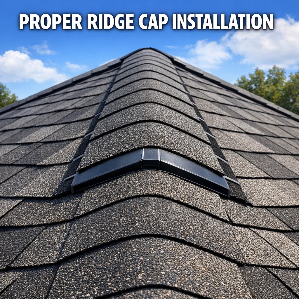 Close-up of old ridge roofing with neatly aligned ridge cap shingles and tight flashing along a residential roof peak.