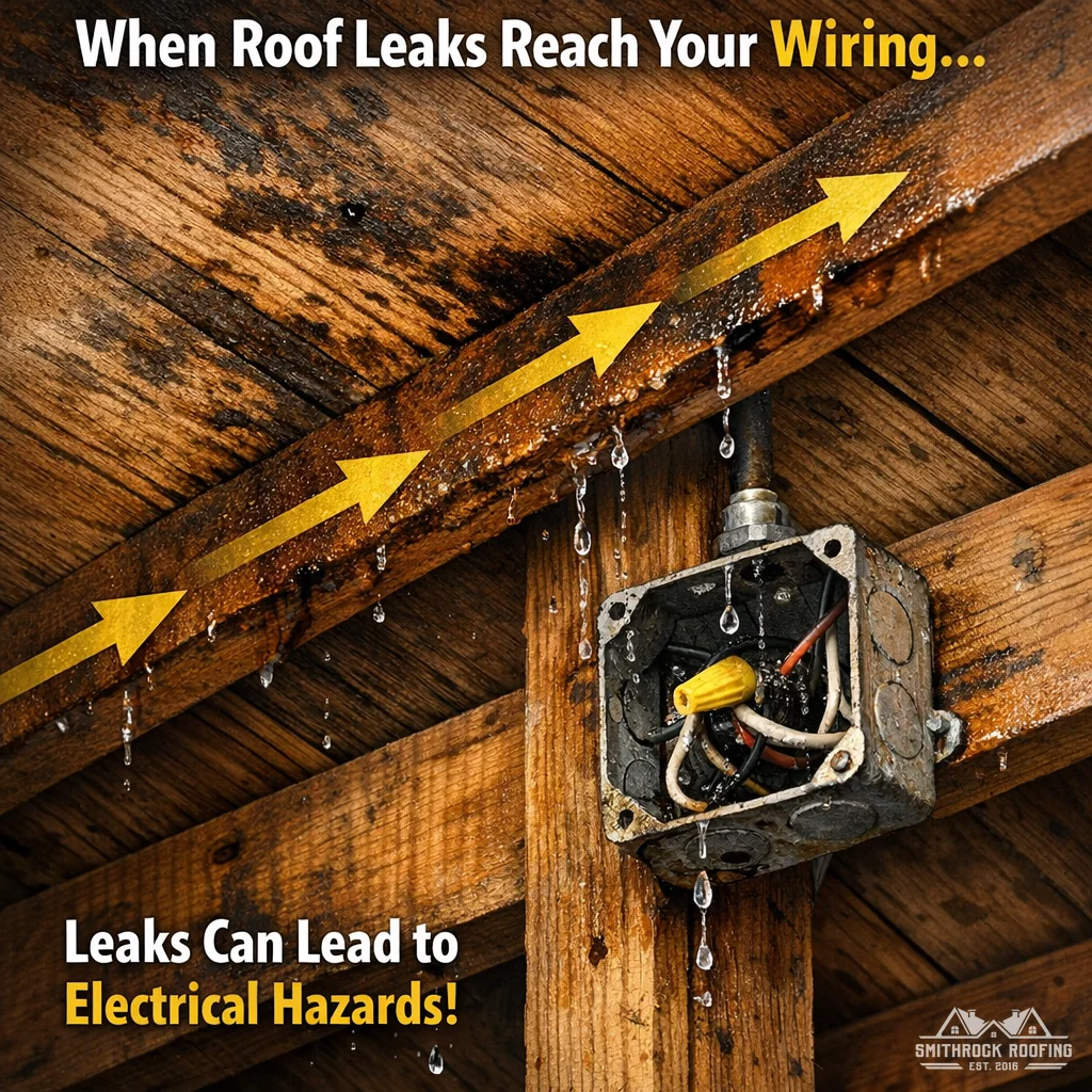 Illustration: Aged attic rafters with water stains spreading toward an electrical junction box, showing how old roofs can leak along hidden