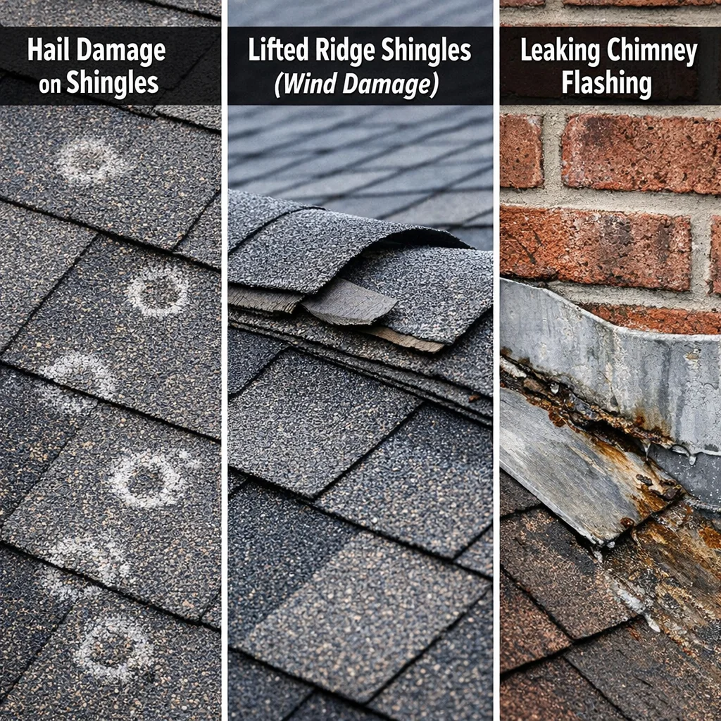 Close-up of old time roofing damage: hail impacts, wind-lifted ridge shingles, and failed metal flashing at a brick chimney.