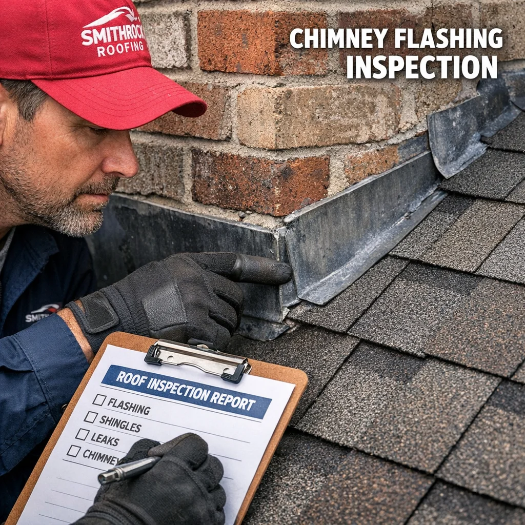 Roofing inspector examining chimney flashing and mortar joints during a roof inspection in Greensboro, NC