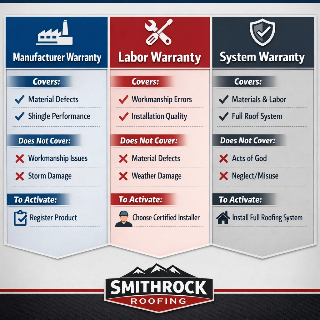 Roof warranty comparison chart for manufacturer, labor, and system coverage from Smithrock Roofing in Kernersville, NC.