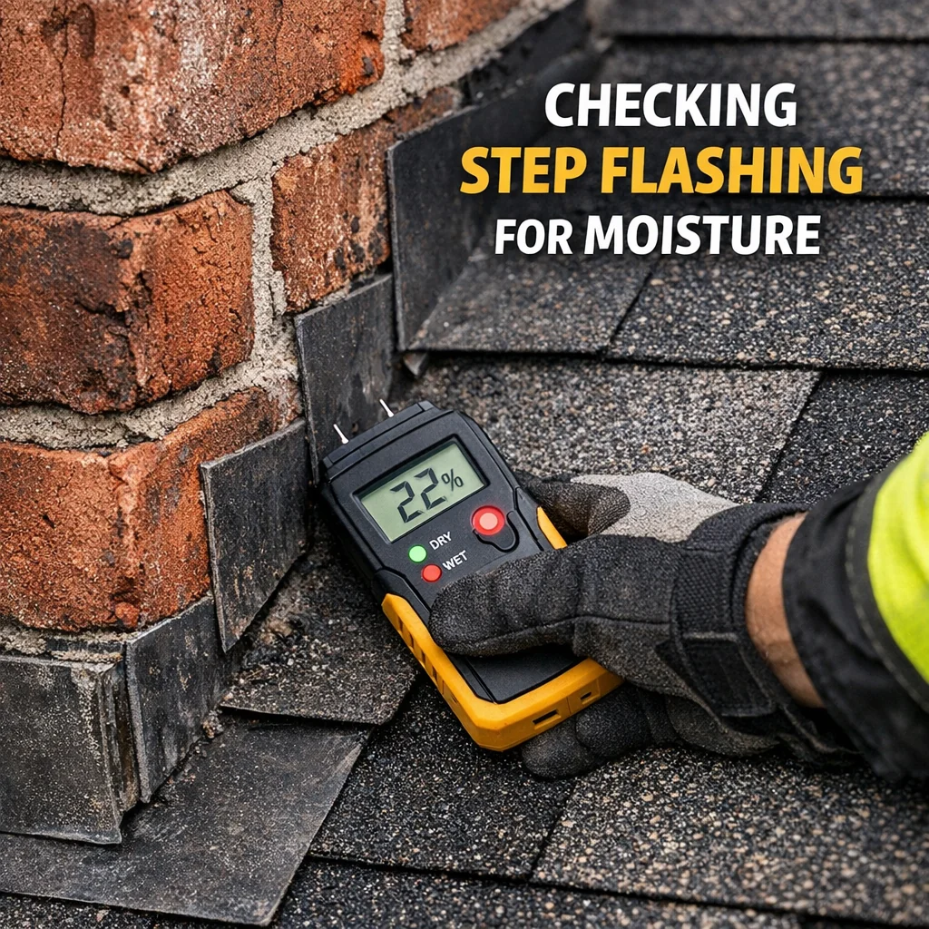 Roof leak contractor inspecting chimney step flashing with a moisture meter to diagnose a common leak source.