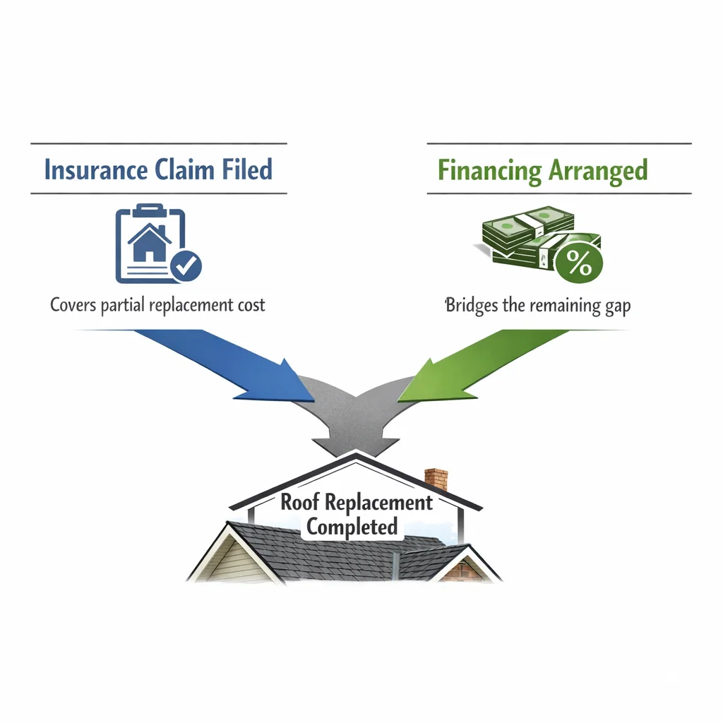 Illustration: Diagram showing insurance claim and roof loan financing paths merging to complete a roof replacement.