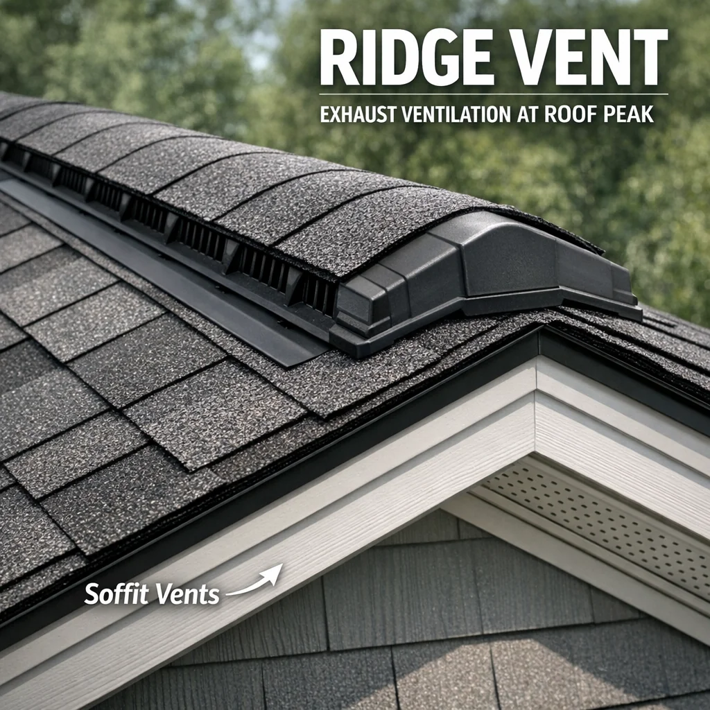 Close-up of a continuous ridge vent integrated with roof shingles, part of a balanced roofing ventilation system with soffit
