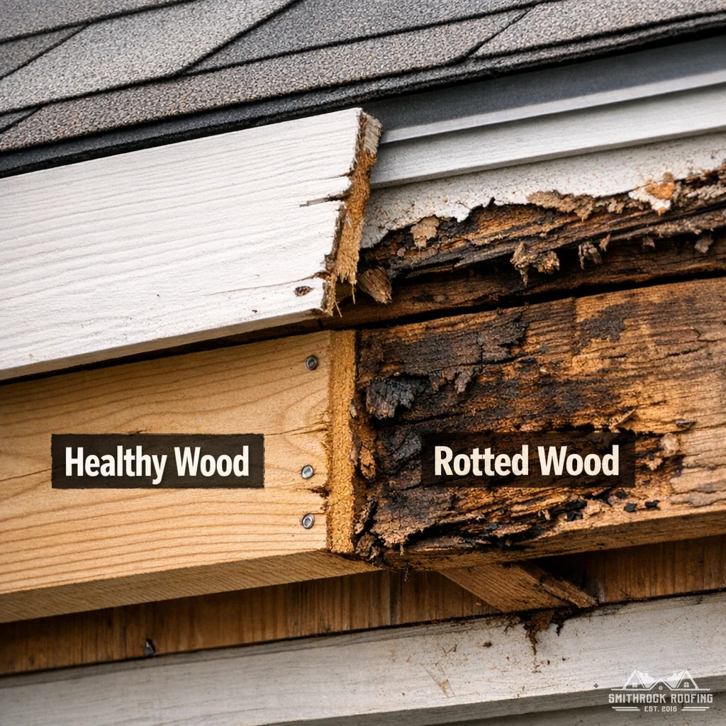 Illustration: Partially removed fascia board revealing intact and rotted sub-fascia framing lumber beneath a roofline.