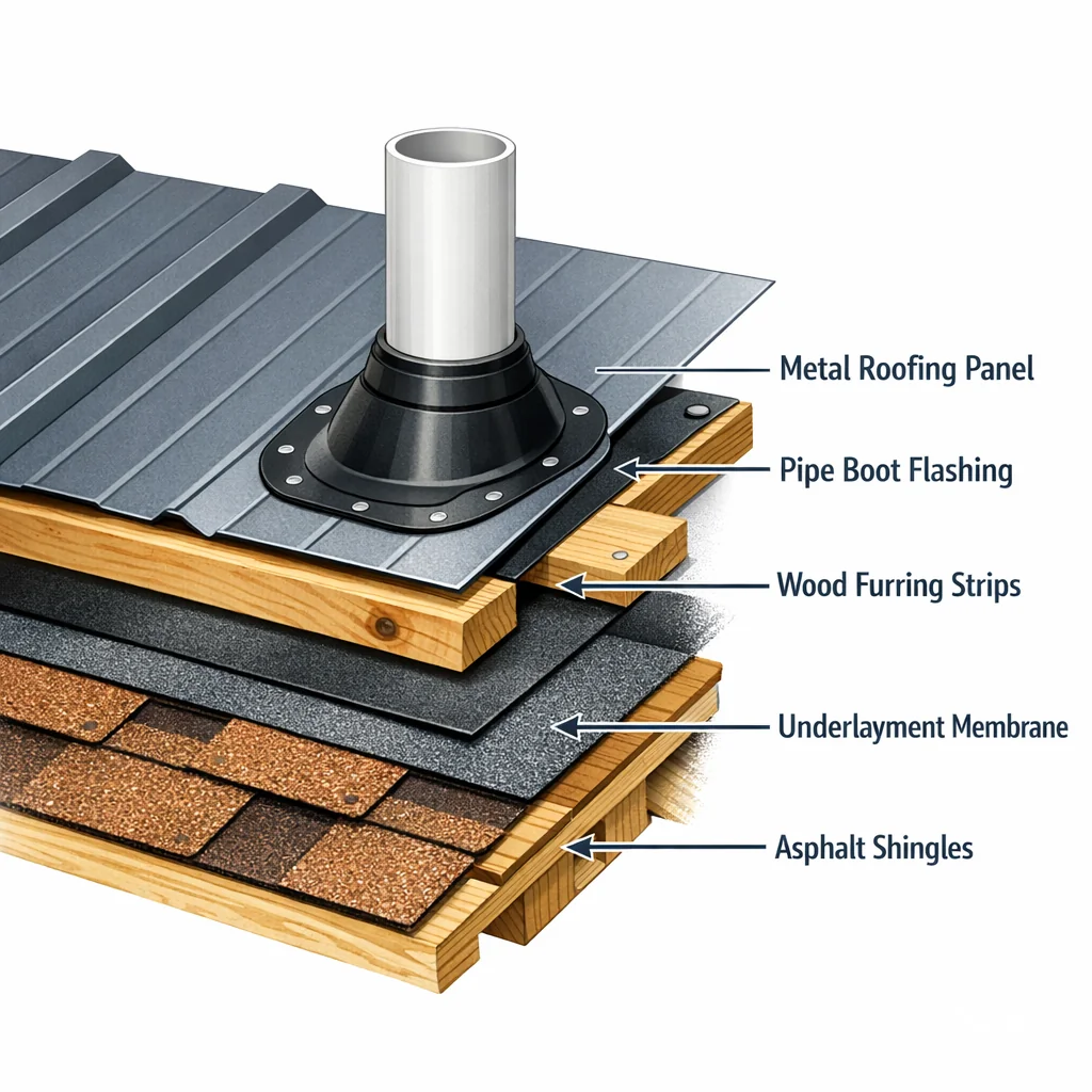 Illustration: Cross-section diagram of steel roof installation over shingles showing underlayment, furring strips, metal panels, and flashe