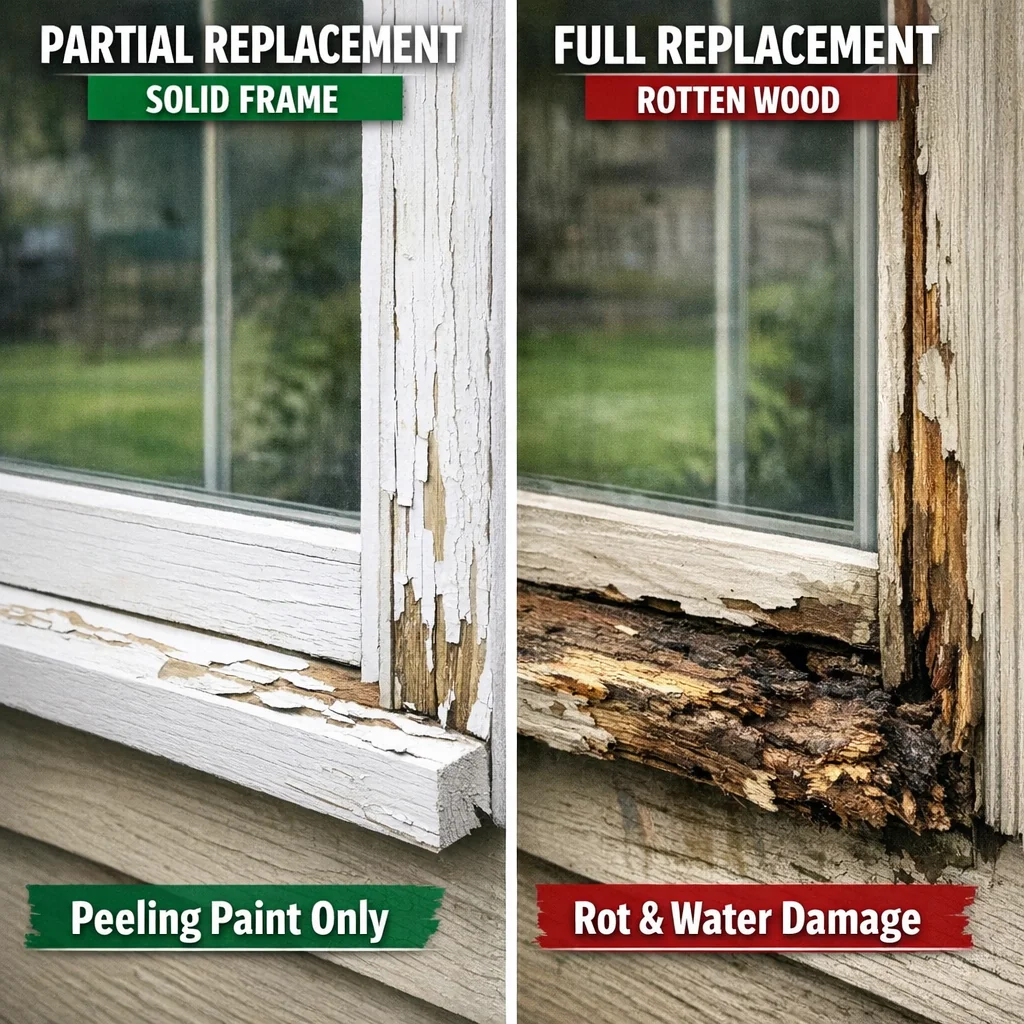 Well-maintained window frame versus rotted sill with water damage, showing key differences triad installations assess for par