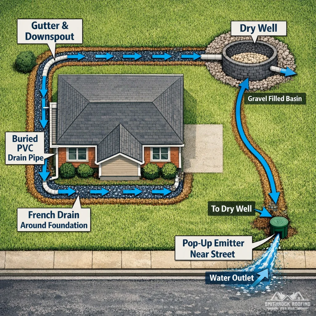 Illustration: Overhead diagram illustrating water drainage from house components: French drain, PVC downspout pipe, dry well, and pop-up em