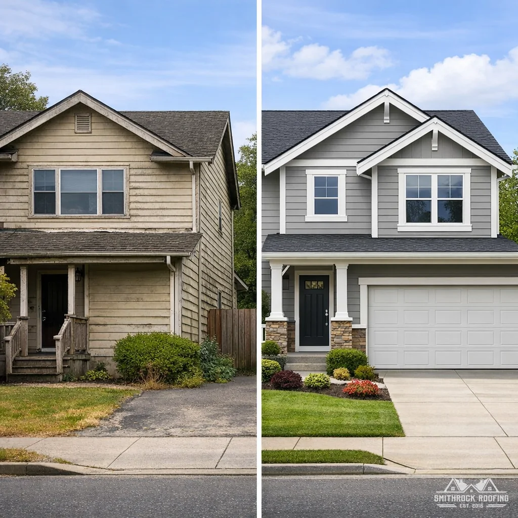 Illustration: Two neighboring homes side by side, one with faded vinyl siding, one freshly installed, showing how new siding can increase hom