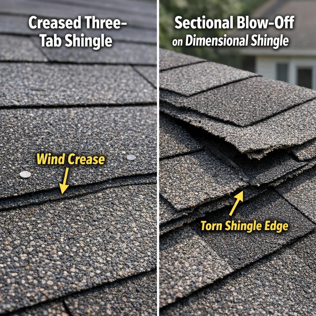Two roof shingles showing wind damage: a three-tab with a stress crease and a dimensional shingle with a blown-off edge.
